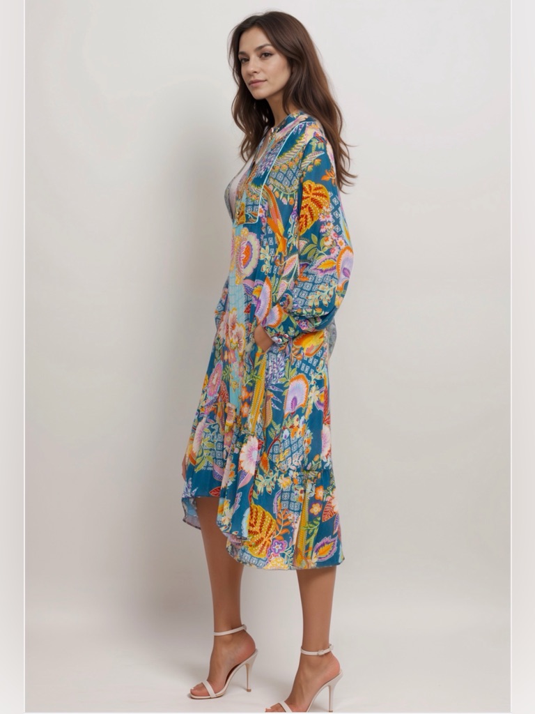 New Johnny Was Wild Teal & Blue Floral Dress M No Slip